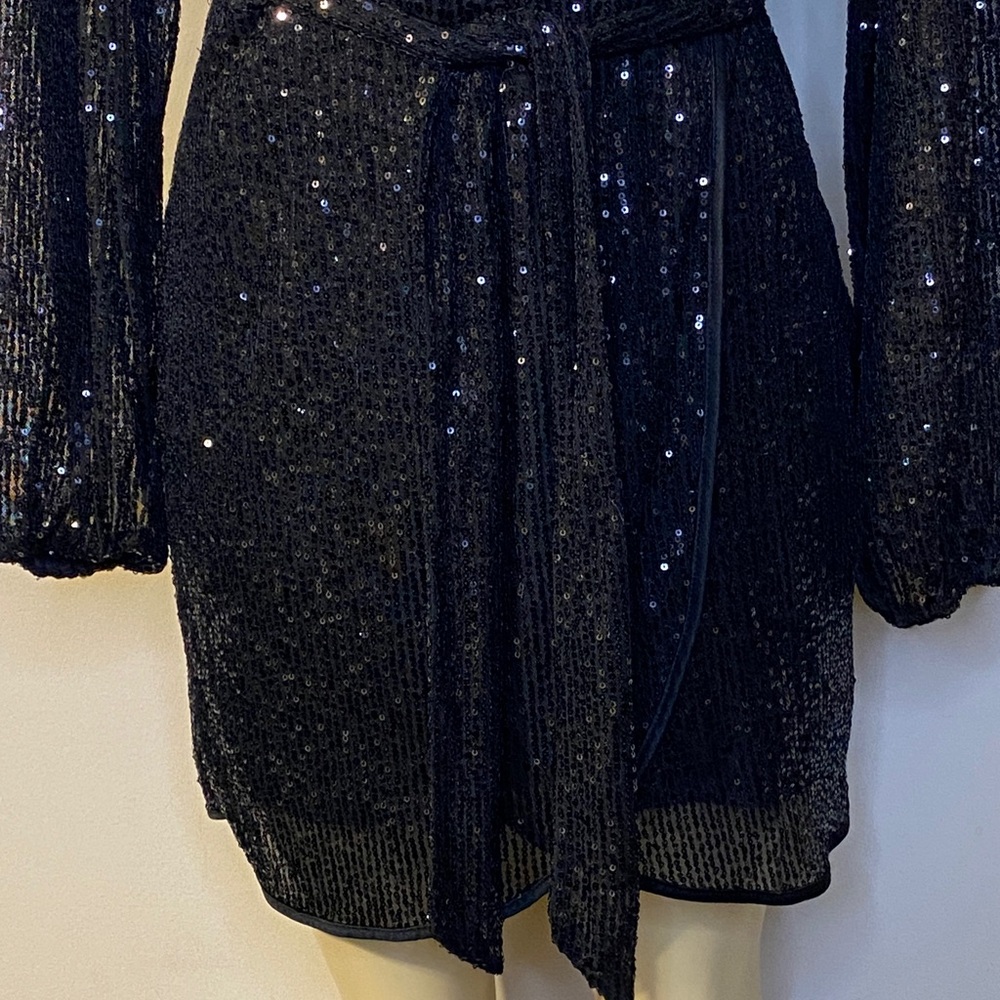 Forever 21 Black Sequin Faux Wrap Belted Dress Size L - Picture 4 of 8